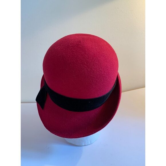 Laura Ashley Vintage 90s Red Felt Wool Brim Hat Velvet Bow main image 7